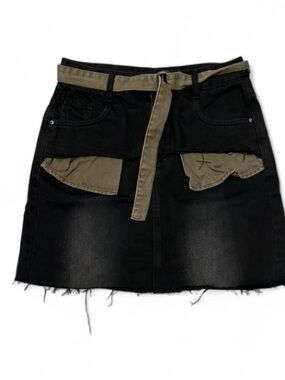 Black Denim Mini Skirt with Olive Pocket Accents and Tie Belt